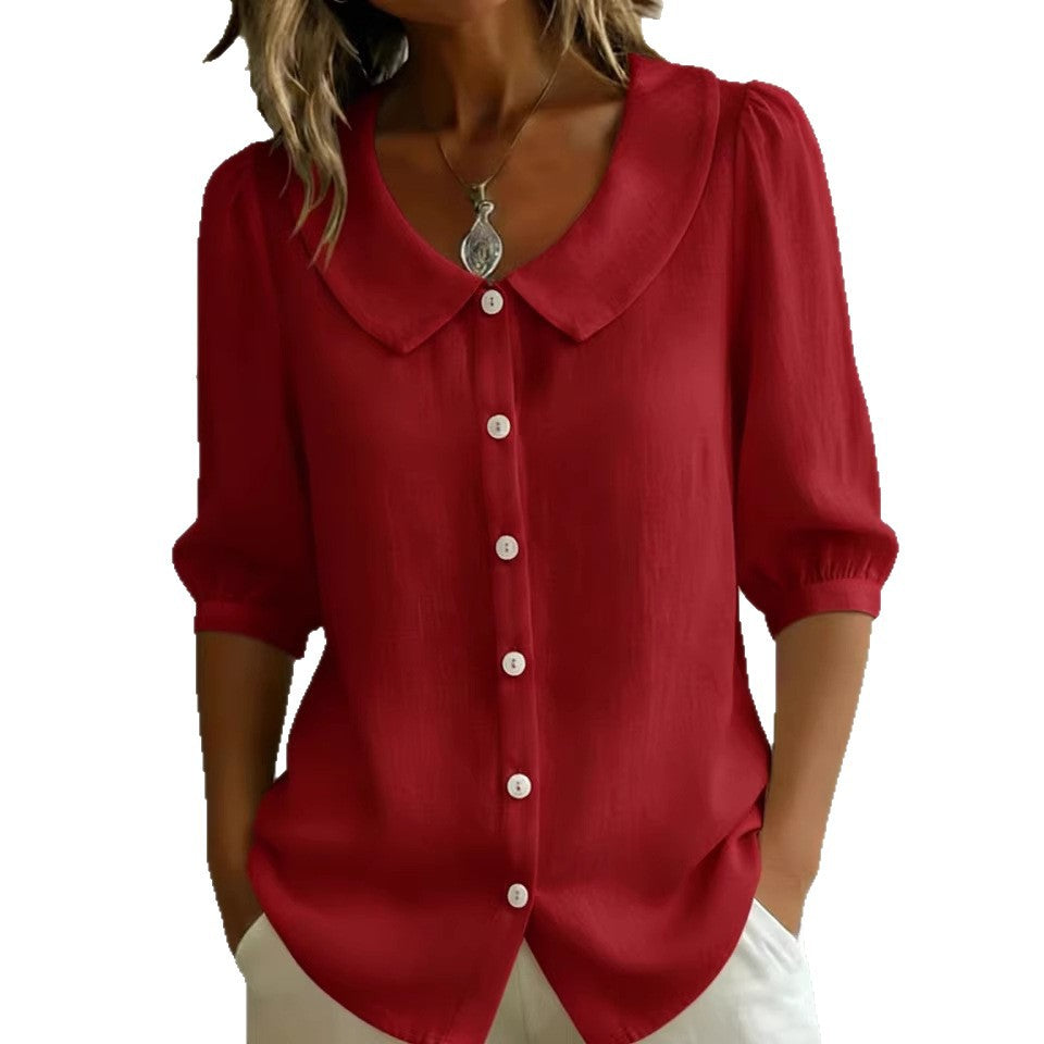 Collared Short-sleeve Blouse Fashion Casual Versatile Loose Shirt Women&