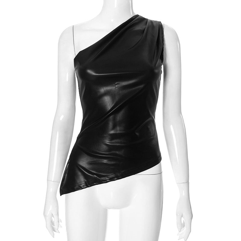 Black leather one-shoulder top on a mannequin against a white background