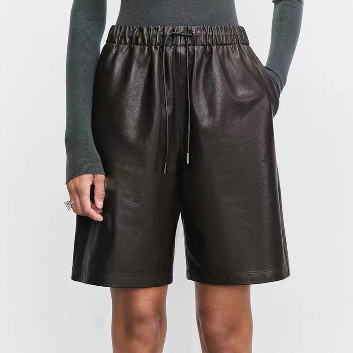 Pantalones cortos de cuero de piel de oveja con cintura elástica, versátiles, casuales, de pierna recta para mujer