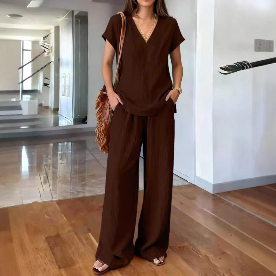 Fashionable V-neck Short-sleeve T-shirt And Wide-leg Pants Womens Suit
