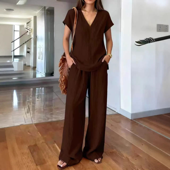 Fashionable V-neck Short-sleeve T-shirt And Wide-leg Pants Womens Suit