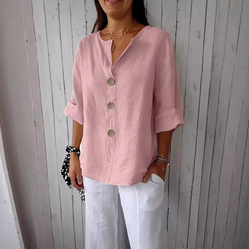 Blusa cómoda de algodón y lino con cuello en V y botones
