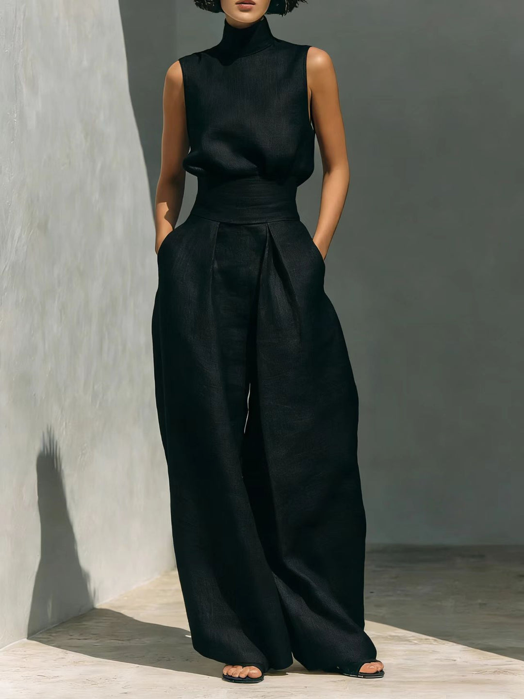 Casual Sleeveless Suit Summer Stand-up Collar Pullover Top And Loose Straight-leg Trousers Women&