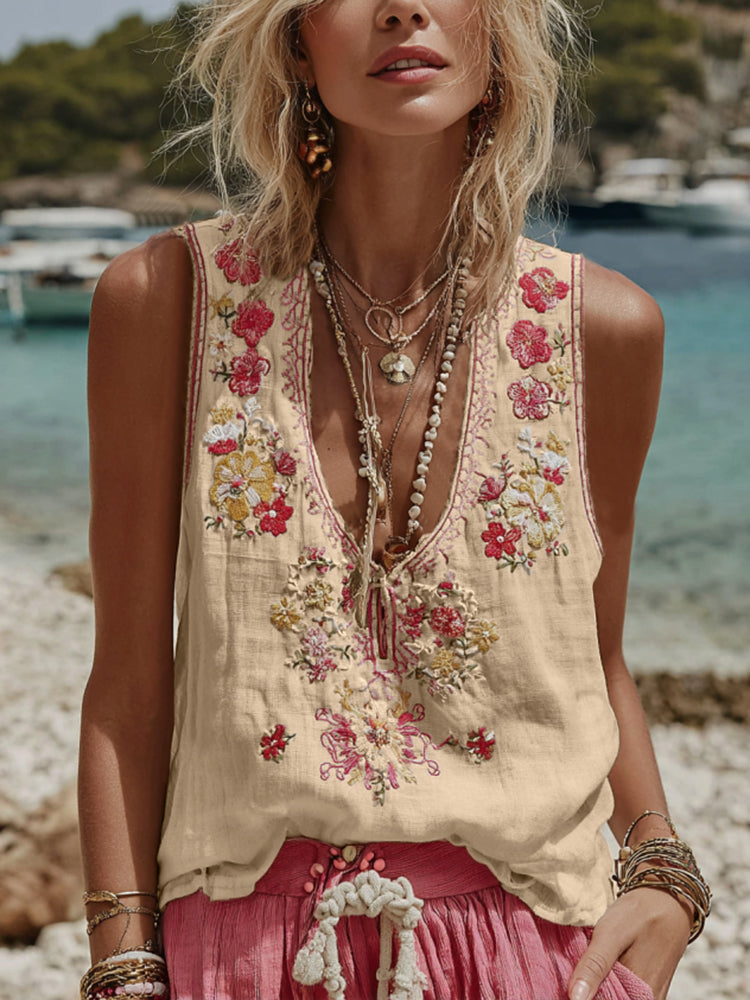 Camiseta sin mangas con cuello en V y estampado floral botánico para mujer