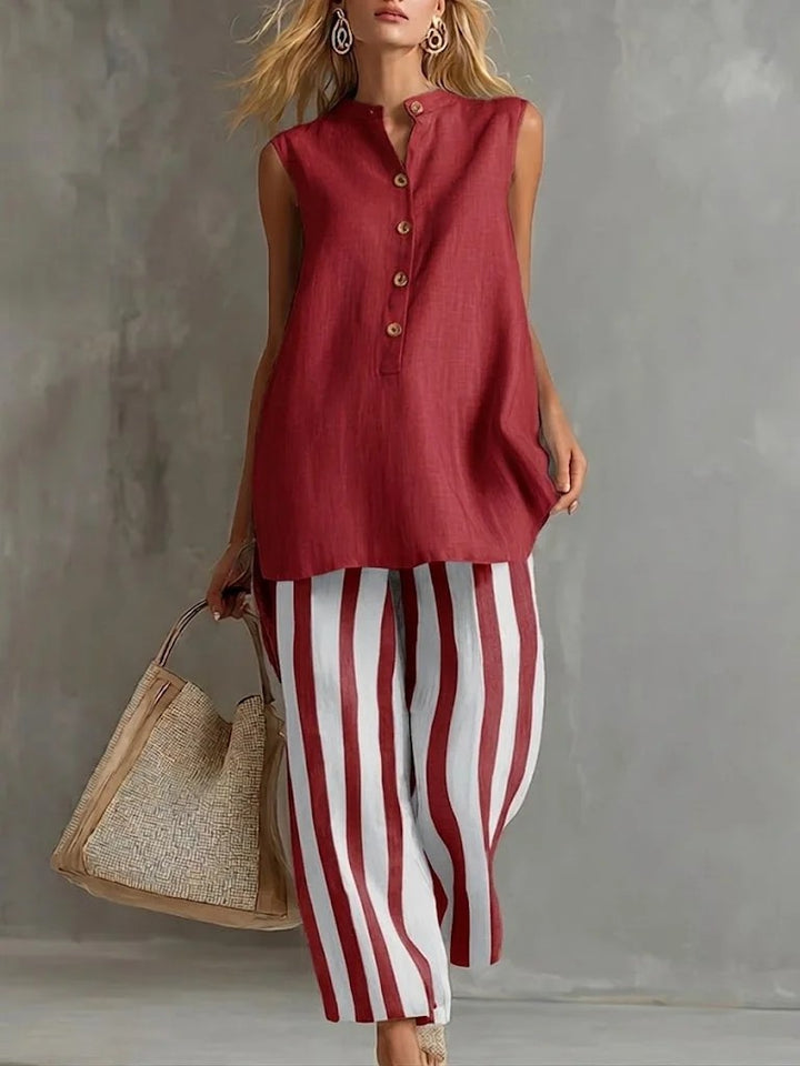 Casual Sleeveless Shirt Top And Striped Wide-Leg Pants Two-Piece Set