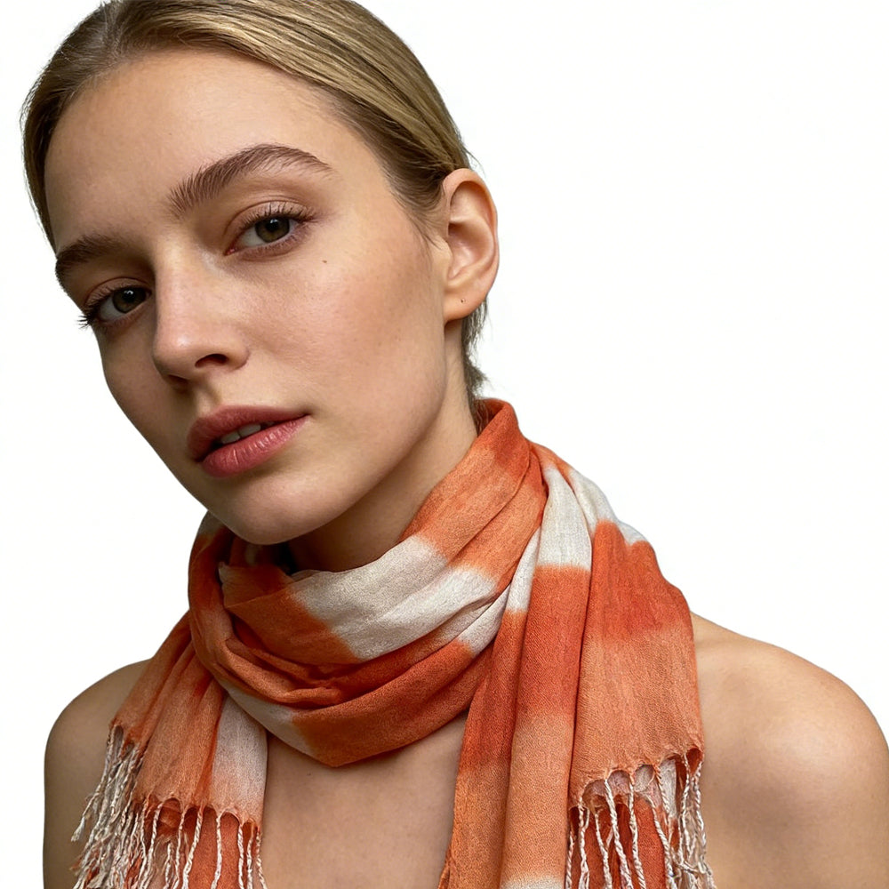 Bufanda Casual Fluida Abstracta Tono Coral, Bufanda Estampada Naranja Roja, Bordes con Flecos para Movimiento, Mujeres Hombres