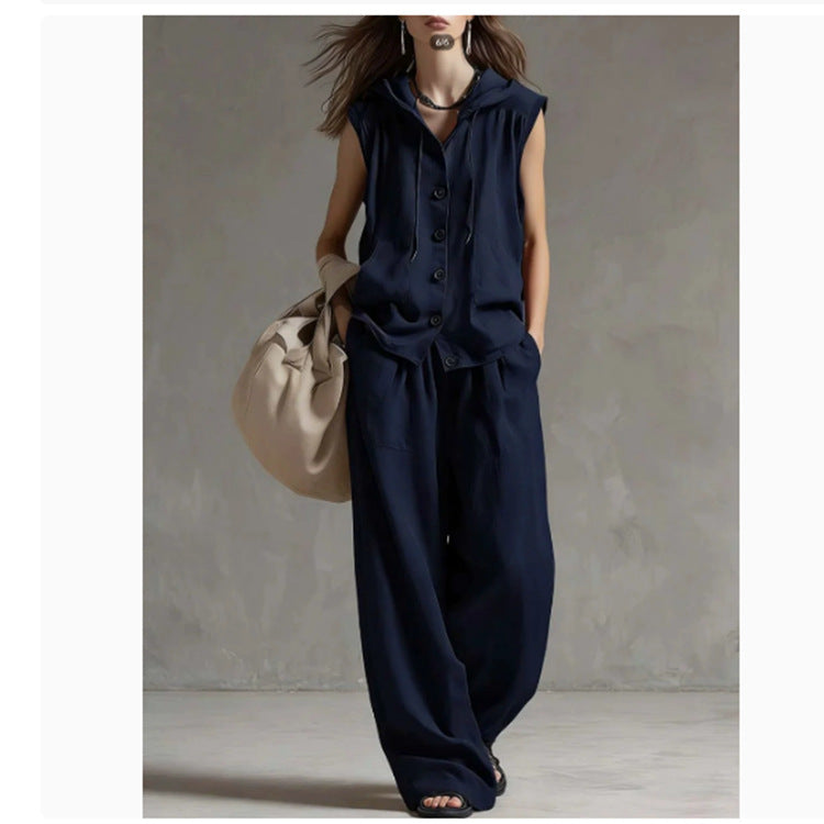 Conjunto de Top con Capucha sin Mangas Holgado Casual y Pantalones de Pierna Ancha de Talle Alto