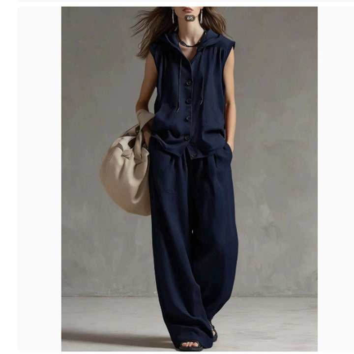 Conjunto de Top con Capucha sin Mangas Holgado Casual y Pantalones de Pierna Ancha de Talle Alto