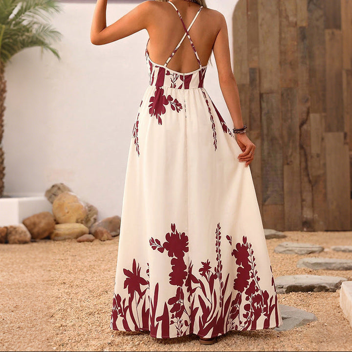 Woman wearing a floral dress with a rustic background