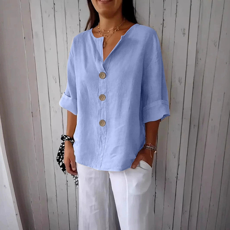 Blusa cómoda de algodón y lino con cuello en V y botones