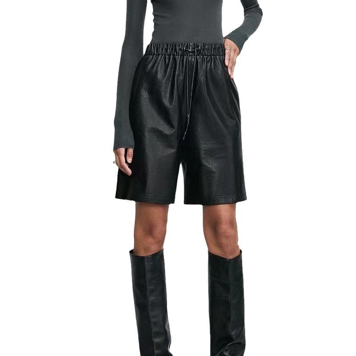 Pantalones cortos de cuero de piel de oveja con cintura elástica, versátiles, casuales, de pierna recta para mujer