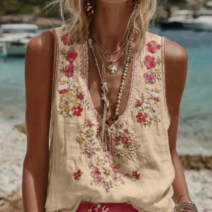 Camiseta sin mangas con cuello en V y estampado floral botánico para mujer