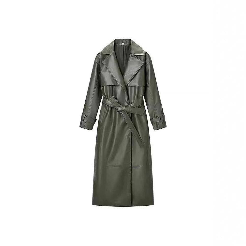 Chaqueta de cuero larga, elegante y chic para mujer