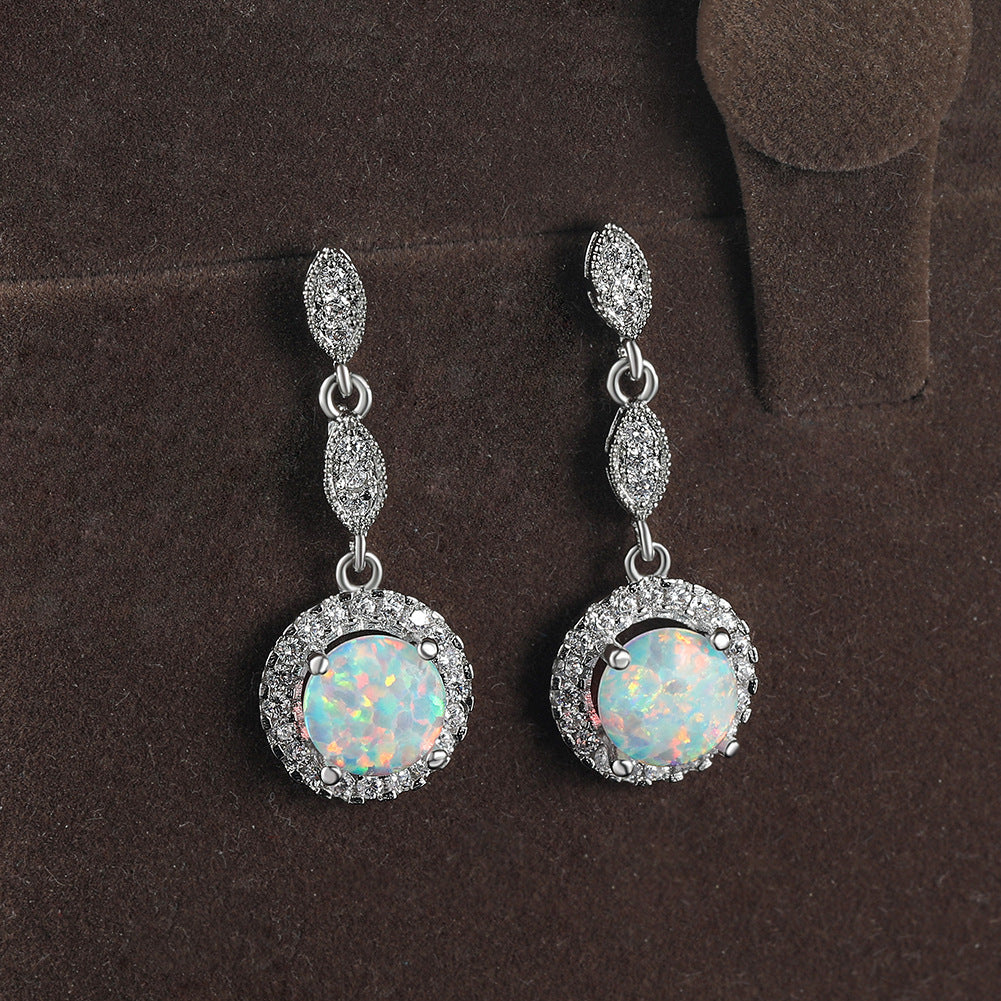 Pendientes colgantes versátiles de ópalo redondo brillante multicolor de oro blanco
