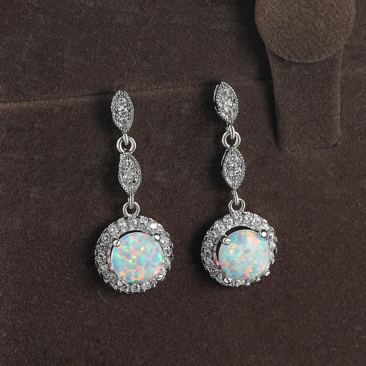 Pendientes colgantes versátiles de ópalo redondo brillante multicolor de oro blanco