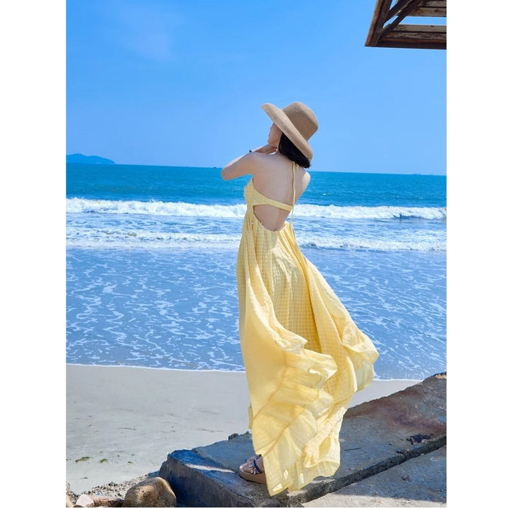 Elegant Yellow Halterneck Beach Vacation Dress