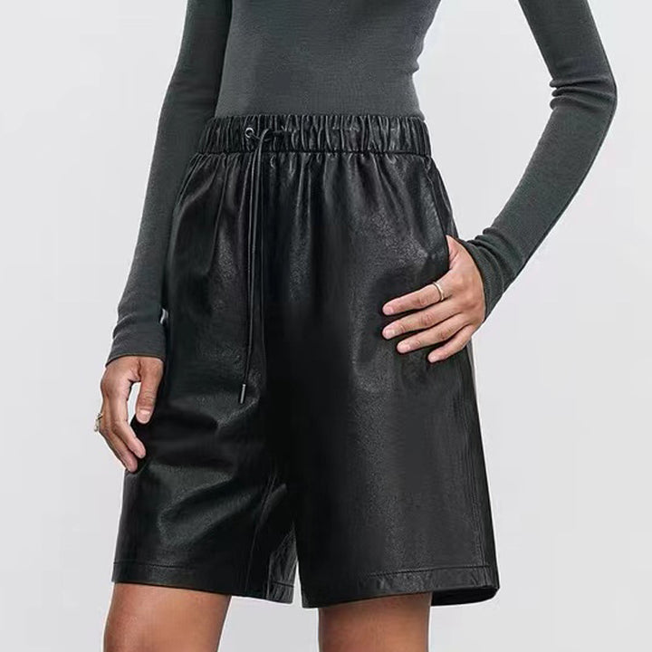 Pantalones cortos de cuero de piel de oveja con cintura elástica, versátiles, casuales, de pierna recta para mujer