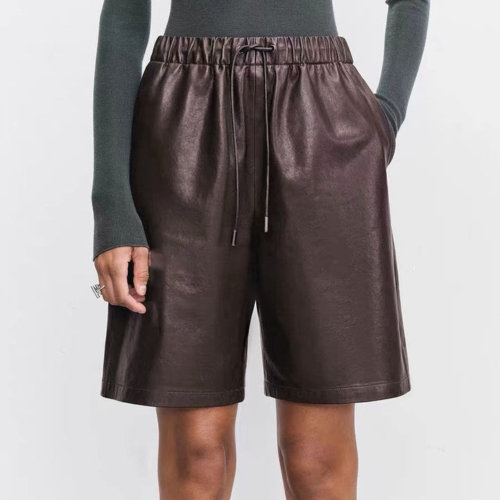 Pantalones cortos de cuero de piel de oveja con cintura elástica, versátiles, casuales, de pierna recta para mujer