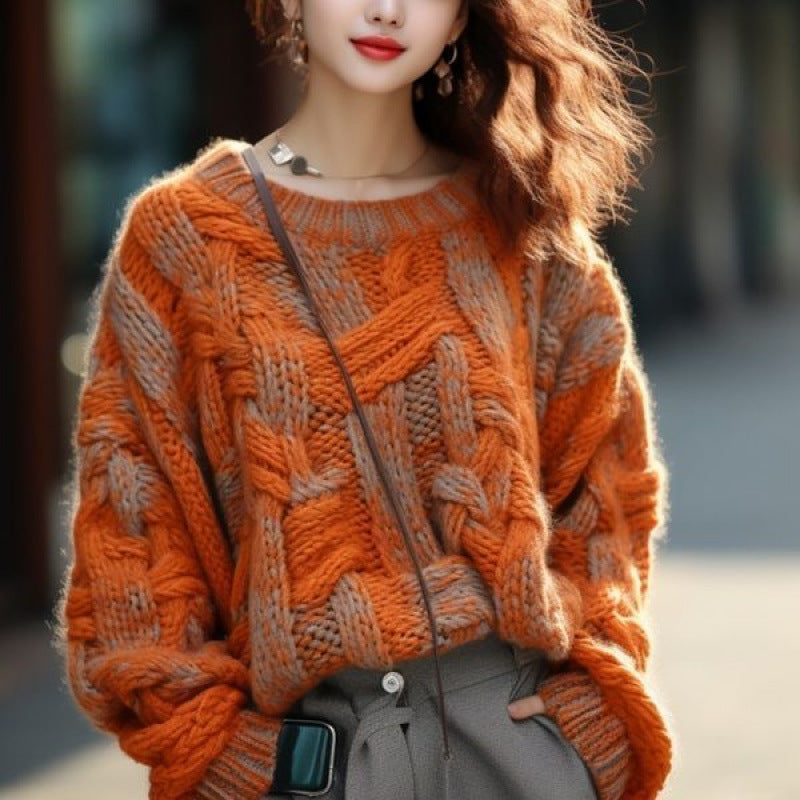 Abrigo de suéter de hilo grueso estilo clásico naranja para mujer