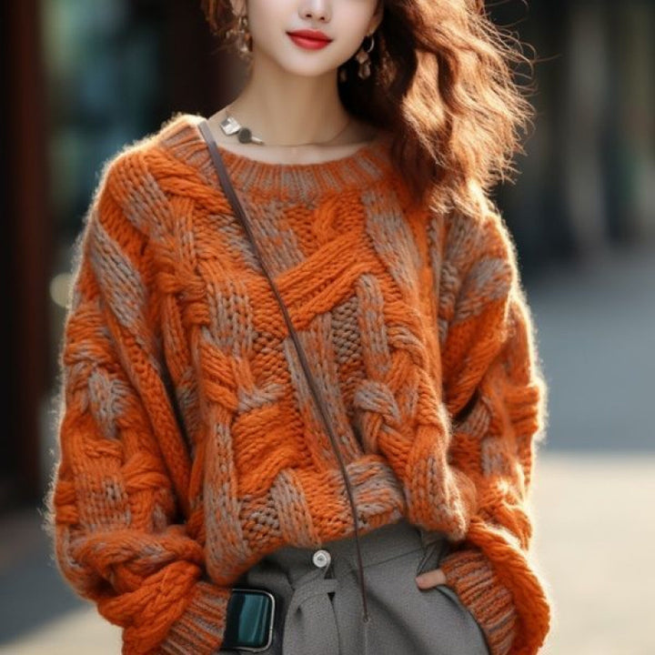 Abrigo de suéter de hilo grueso estilo clásico naranja para mujer