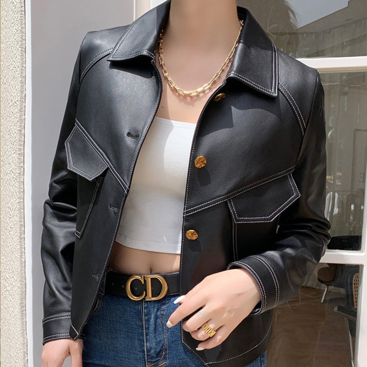 Abrigo con cuello, hebilla, cuero, para mujer, corto, ajustado, de motociclista