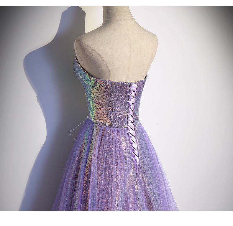 Vestido de noche con lentejuelas y top morado de tubo, de lujo ligero y alta gama, para mujer