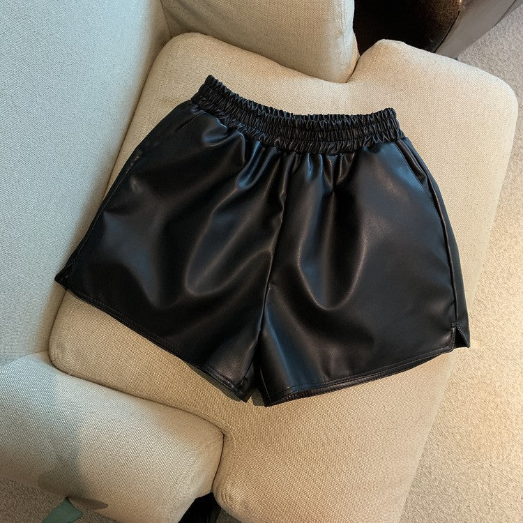 Pantalones cortos de cuero PU para mujer, cintura alta, sueltos, con abertura, informales