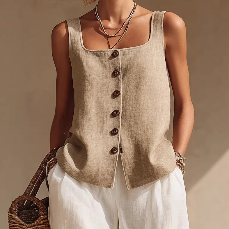 Front-button Sleeveless Top And Pants Set