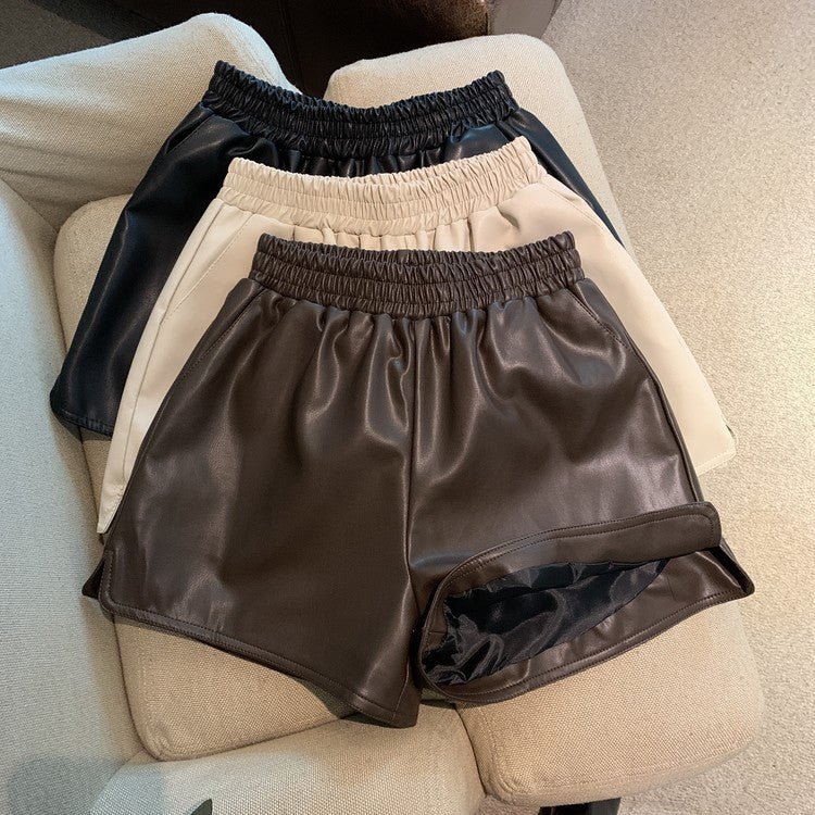 Pantalones cortos de cuero PU para mujer, cintura alta, sueltos, con abertura, informales
