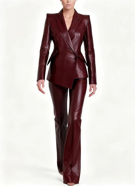 Traje de cuero de 2 piezas color borgoña