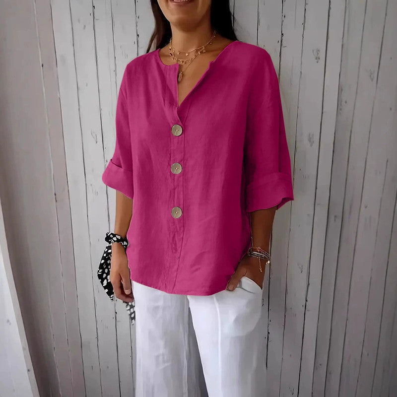 Blusa cómoda de algodón y lino con cuello en V y botones