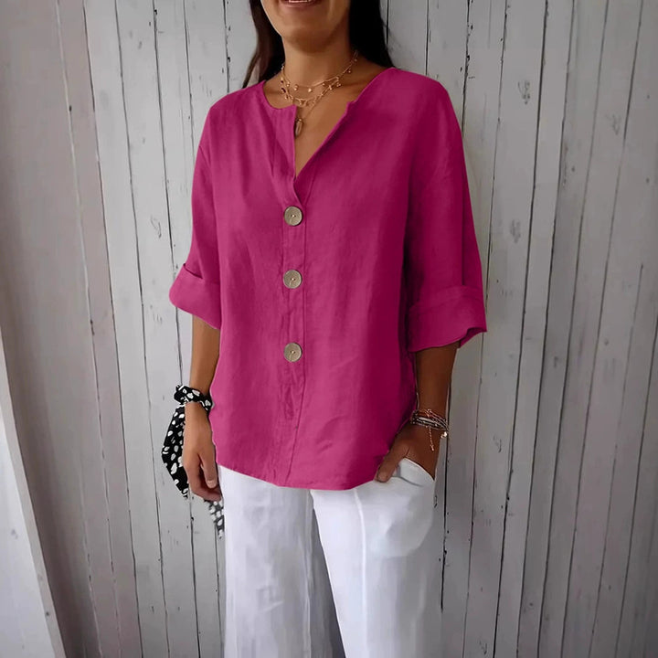 Blusa cómoda de algodón y lino con cuello en V y botones