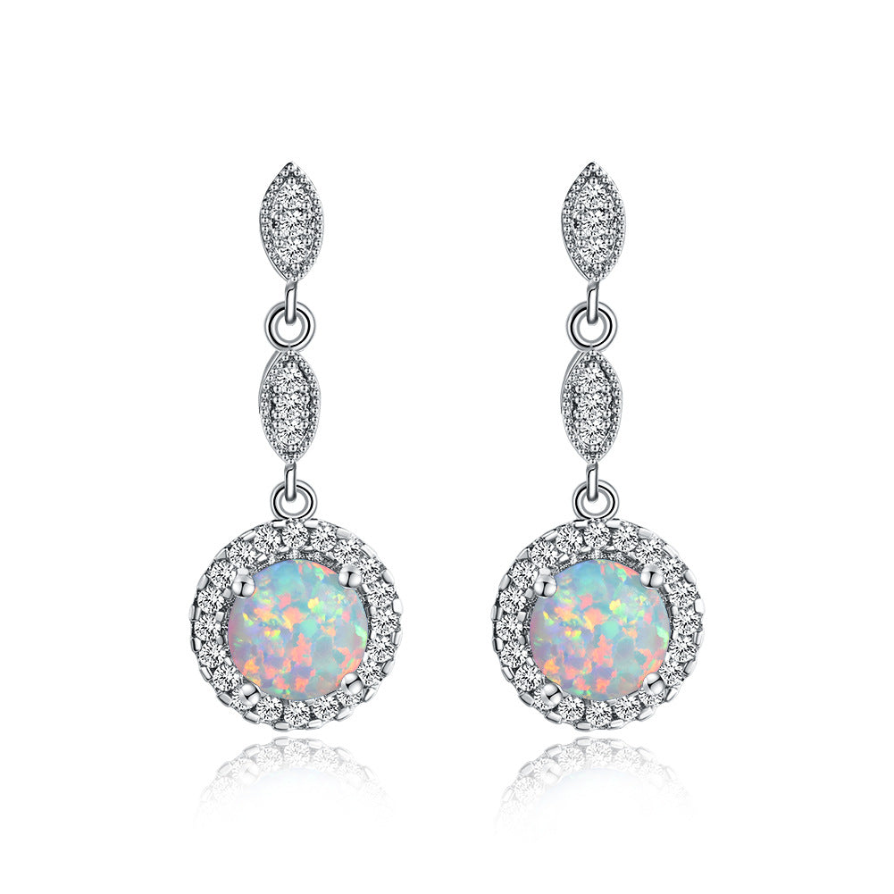 Pendientes colgantes versátiles de ópalo redondo brillante multicolor de oro blanco