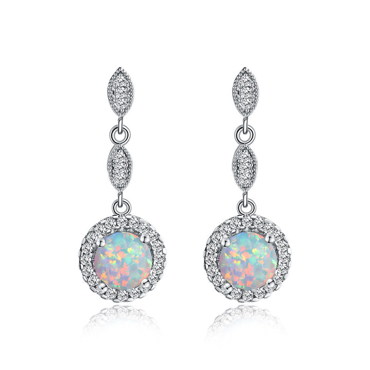 Pendientes colgantes versátiles de ópalo redondo brillante multicolor de oro blanco