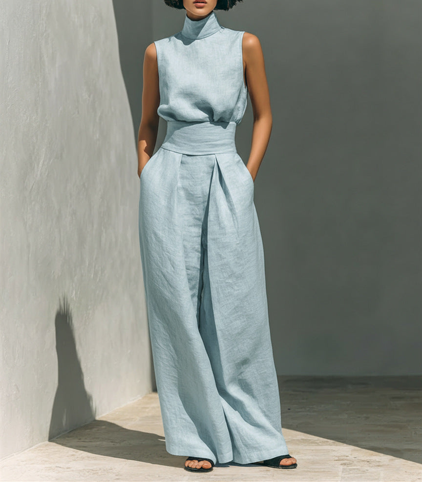 Casual Sleeveless Suit Summer Stand-up Collar Pullover Top And Loose Straight-leg Trousers Women&