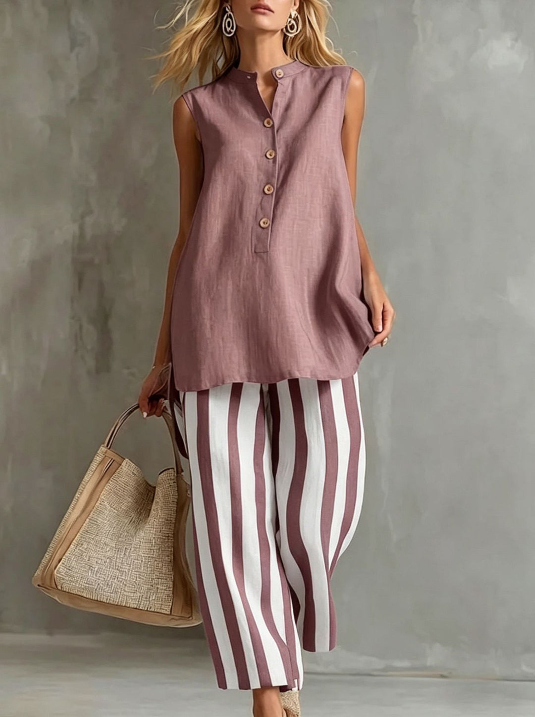 Casual Sleeveless Shirt Top And Striped Wide-Leg Pants Two-Piece Set