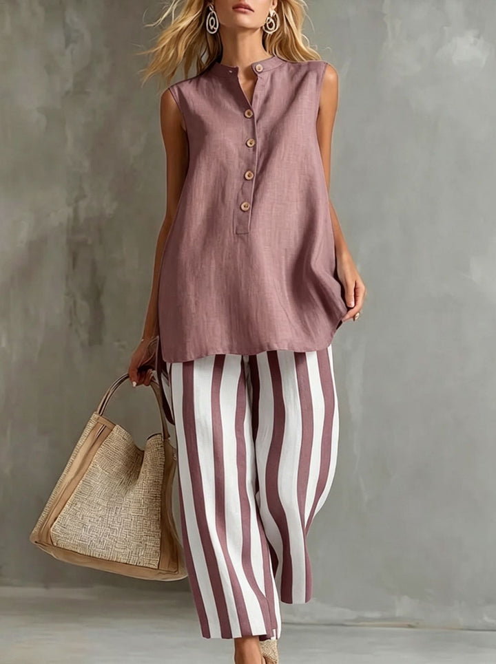Casual Sleeveless Shirt Top And Striped Wide-Leg Pants Two-Piece Set