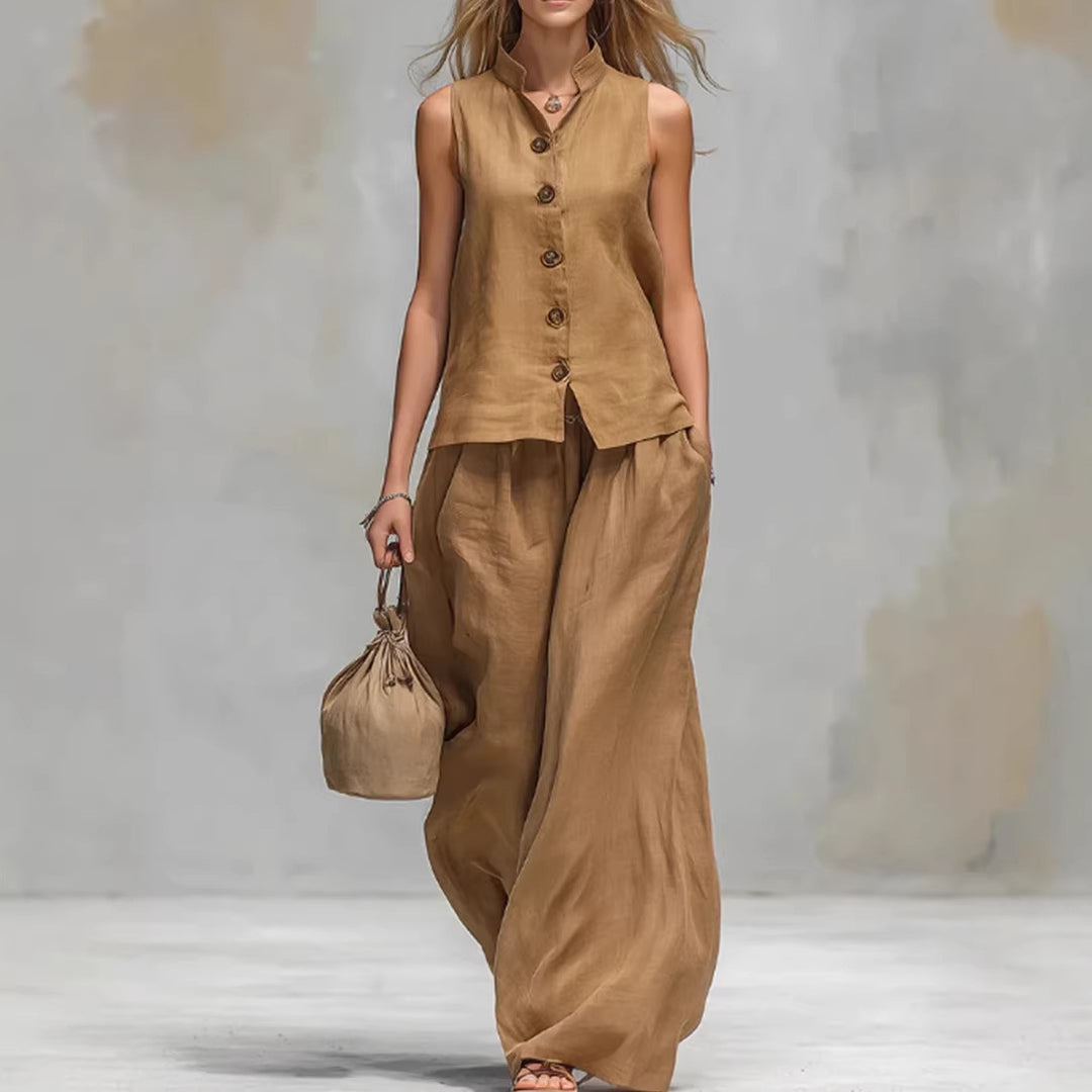 Casual Two-Piece Stand Collar Sleeveless Vest And Matching Pants Set