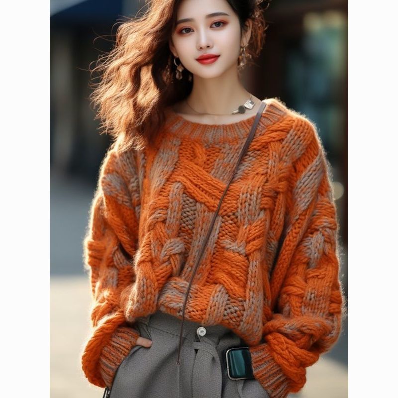 Abrigo de suéter de hilo grueso estilo clásico naranja para mujer