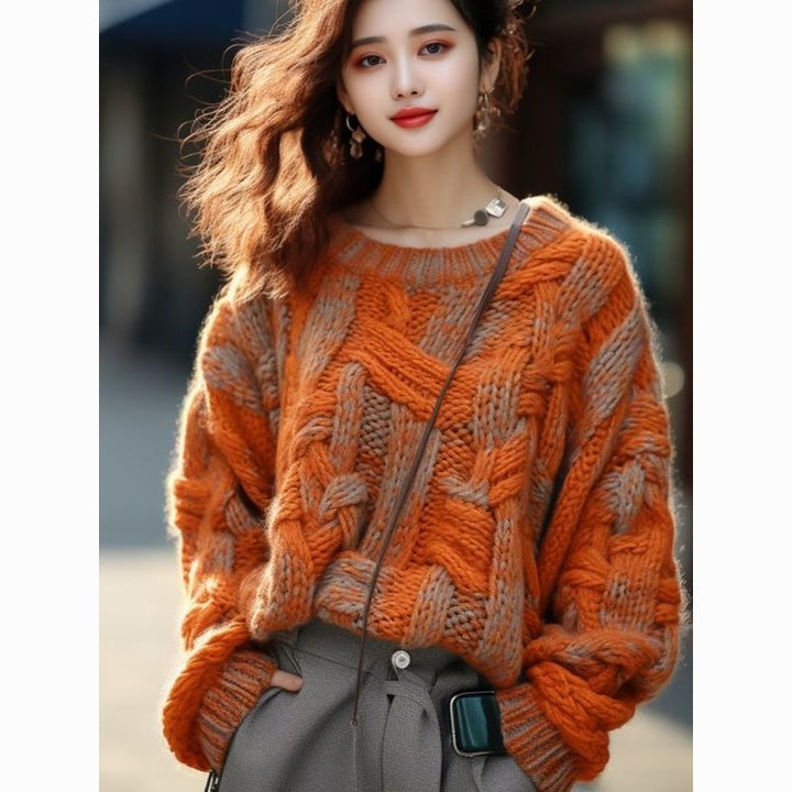 Abrigo de suéter de hilo grueso estilo clásico naranja para mujer