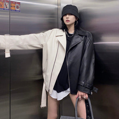 Collision Color Locomotive Cruela Black and White Women Loose Short Pu Leather Jacket