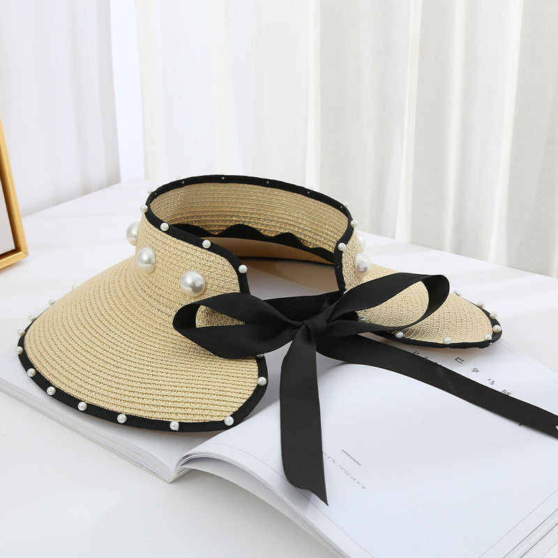 Sombrero de paja plegable con visera grande, diseño de cielo abierto y perla dulce