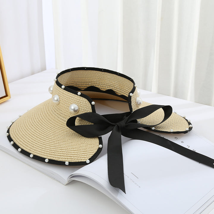 Sombrero de paja plegable con visera grande, diseño de cielo abierto y perla dulce