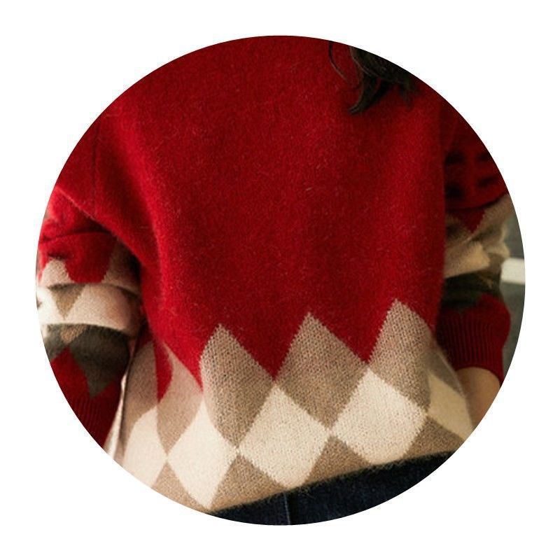 Suéter suelto de punto rojo con cuello redondo navideño para mujer