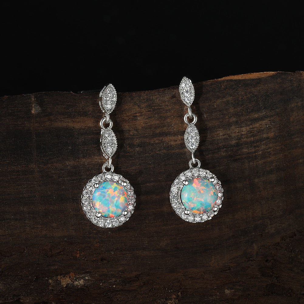 Pendientes colgantes versátiles de ópalo redondo brillante multicolor de oro blanco