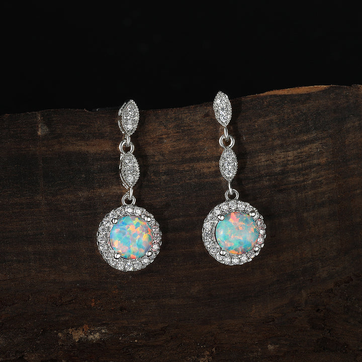 Pendientes colgantes versátiles de ópalo redondo brillante multicolor de oro blanco
