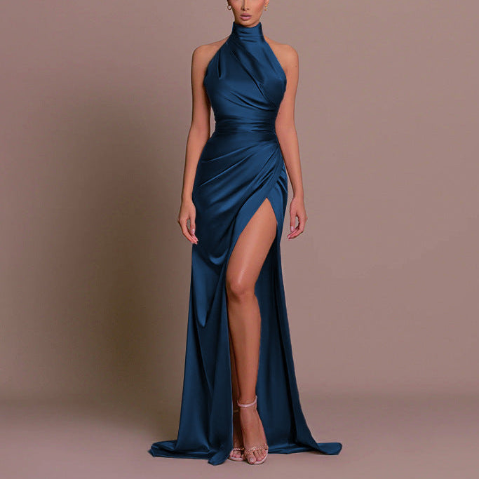 Vestido de noche de satén con cuello alto, elegante vestido largo formal sin mangas para mujer