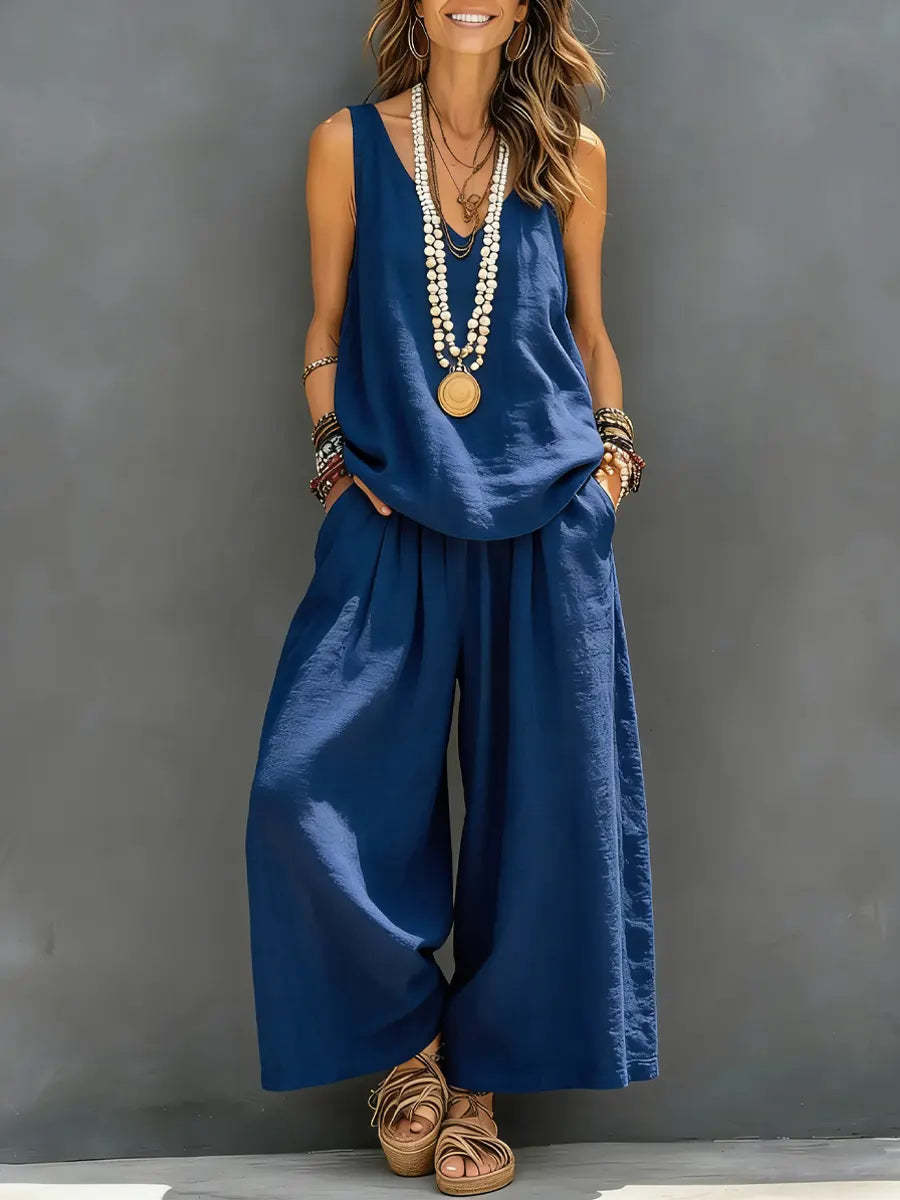 Conjunto de Blusa sin Mangas de Color Liso y Pantalones Anchos de Algodón y Lino para Mujer, para Uso Diario y Vacaciones