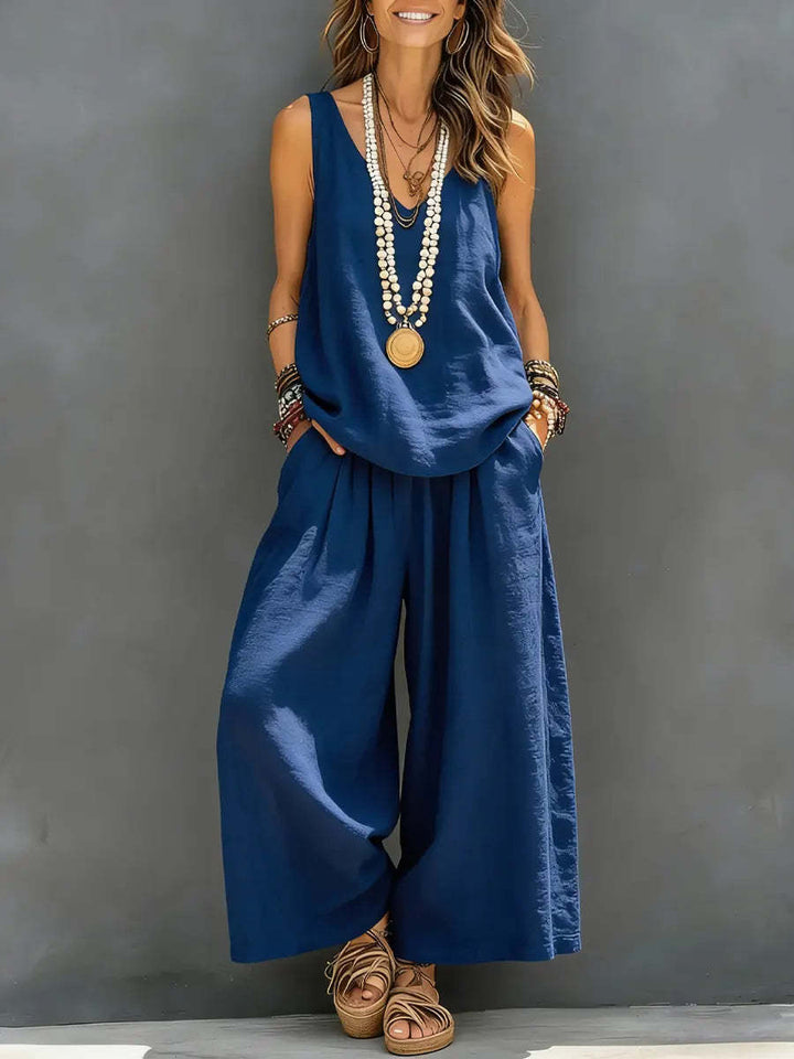 Conjunto de Blusa sin Mangas de Color Liso y Pantalones Anchos de Algodón y Lino para Mujer, para Uso Diario y Vacaciones