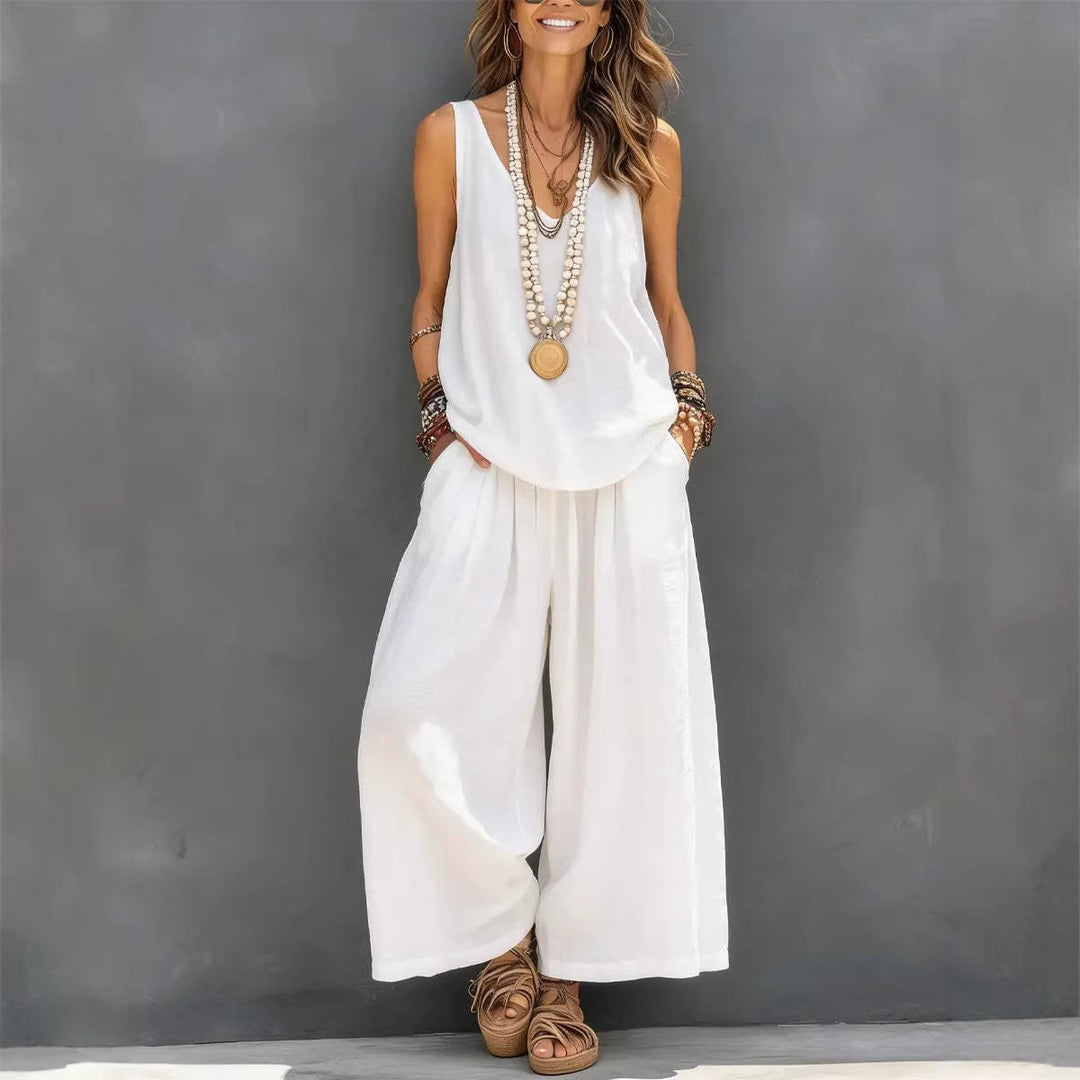 Conjunto de Blusa sin Mangas de Color Liso y Pantalones Anchos de Algodón y Lino para Mujer, para Uso Diario y Vacaciones